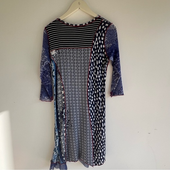 Anya SF Patchwork panel Print Dress Blue Mixed Pattern 3/4 Sleeve Boho Size S - Picture 4 of 14